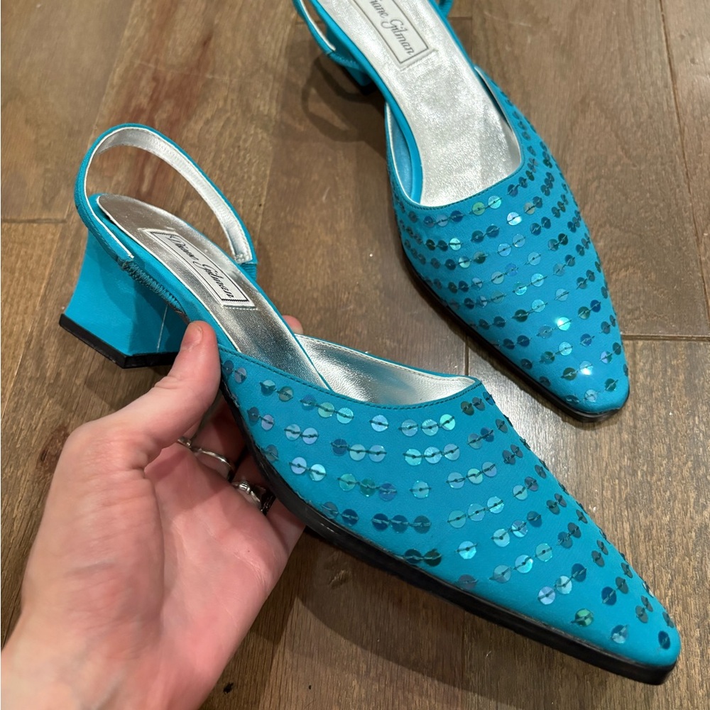 Diane Gilman Turquoise Sequin Slingback Mules